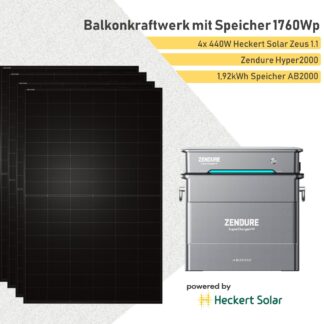 Balkonkraftwerk mit Speicher 1,92kW Speicher und bifazialen 440WP Solarmodulen von Heckert Solar in full black Optik